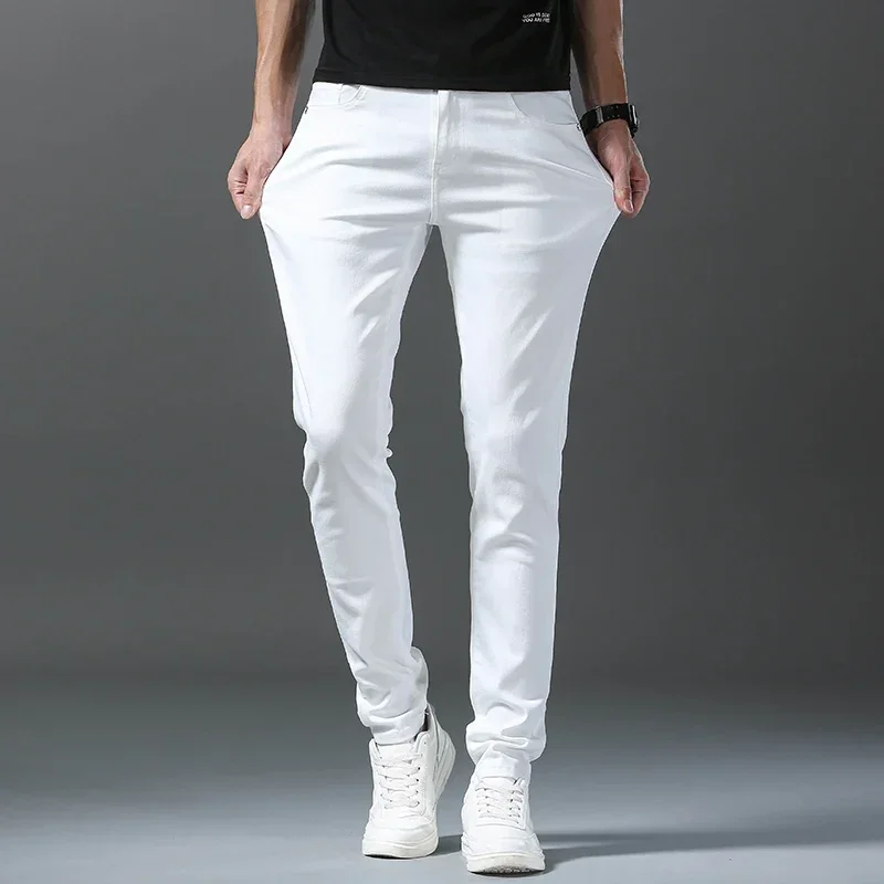 2024 Spring Summer New 98%Cotton Men's Slim Jeans Straight Casual Fashion Pencil Pants High Quality Trousers Male Clothes White 2