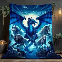 Dragon and Wolves Scene HD Printed Blanket, Soft and Warm Flannel Blanket for Travel, Camping, Sofa, Living Room, Couch, Chair, 3