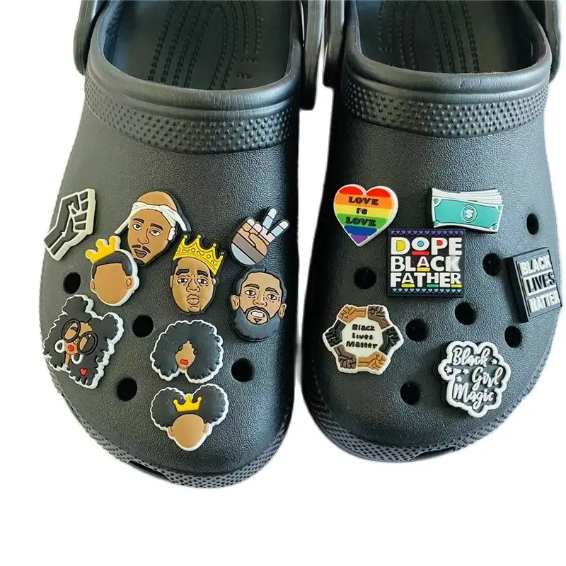 

2 PCS Black Girls Magic Crocodile Shoe Accessory Decorative Geta Sandals PVC Black Lives Matter Charm Buttons BLM Gifts For Girl