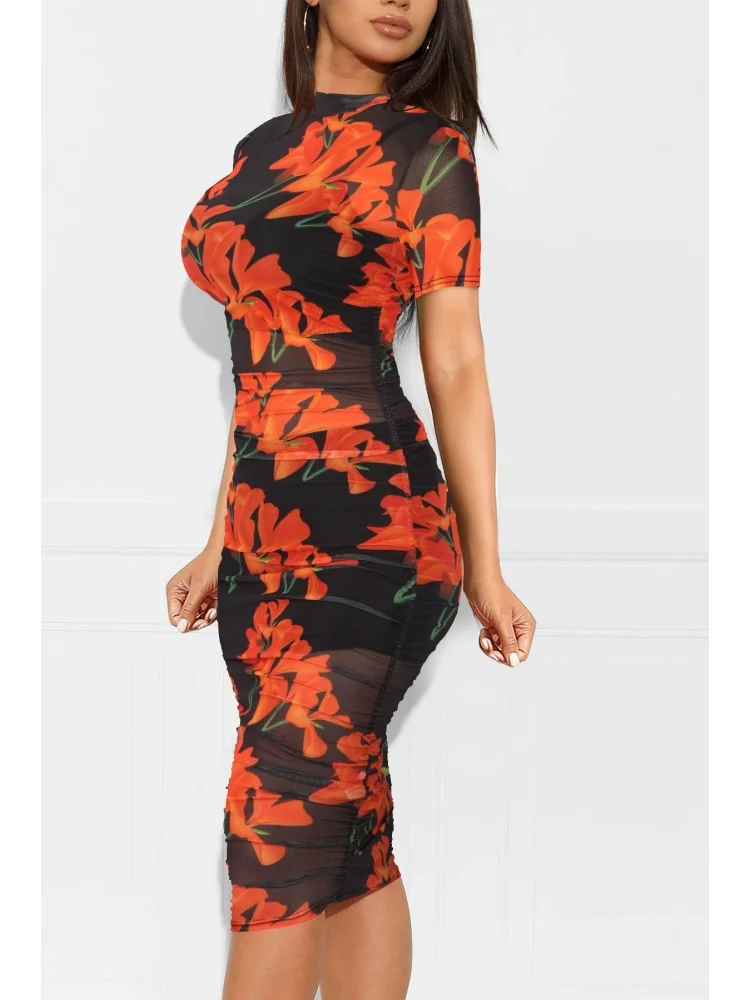 Wmstar 2025 New Women Fashionable Elegant Dress Printed Net Sexy Dress Short Sleeve Flower Pattern Knee Length Dress