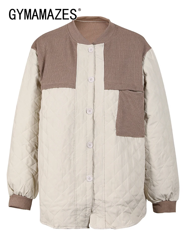 

GYMAMAZES Hit Color Vintage Parkas For Women Round Neck Long Sleeve Patchwork Single Breasted Chic Casual Parka Female Clothing