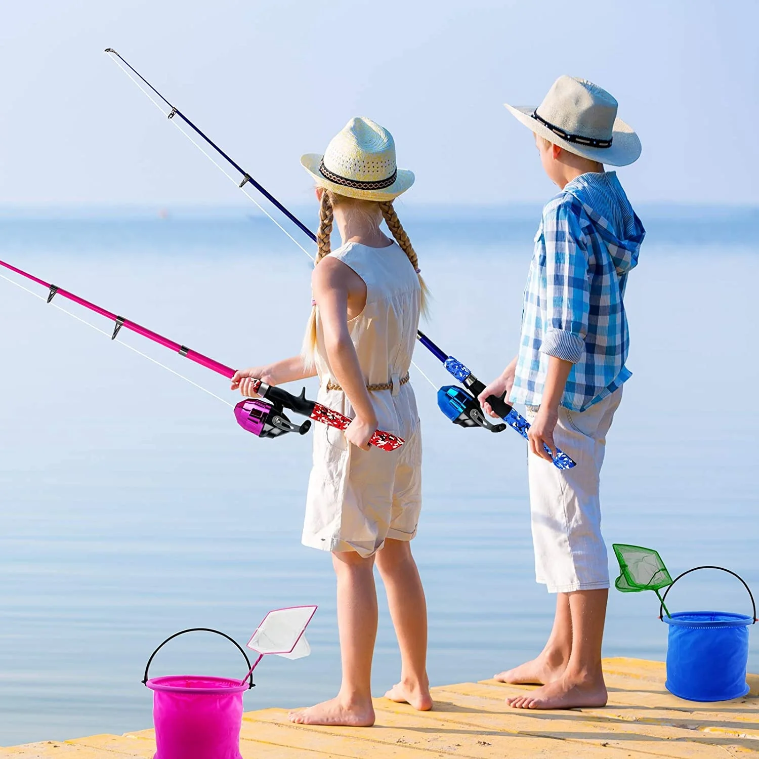 Caña de pescar telescópica para niños, Kit combinado de caña y carrete con  caja de aparejos y red de pesca para niños y niñas