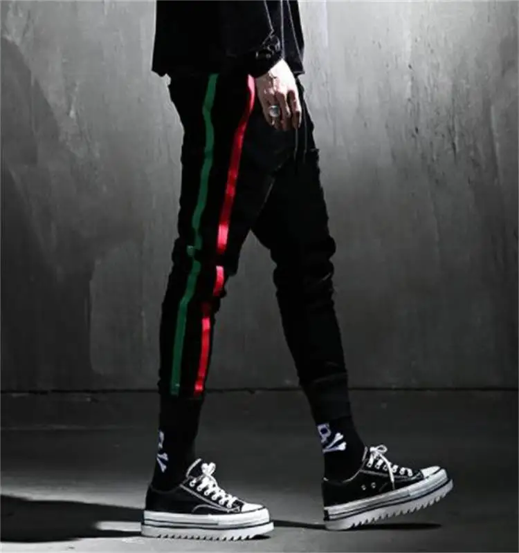 Big fashion men's new striped lace up legging trend casual pants men's and women's sports pants elastic waist