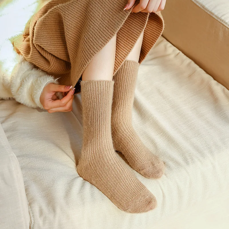 여성용 따뜻한 겨울 양모 양말, 두꺼운 캐시미어, 푹신한 캐주얼 단색, 편안한 가정용 양말, 부드럽고 긴 보온 수면 바닥