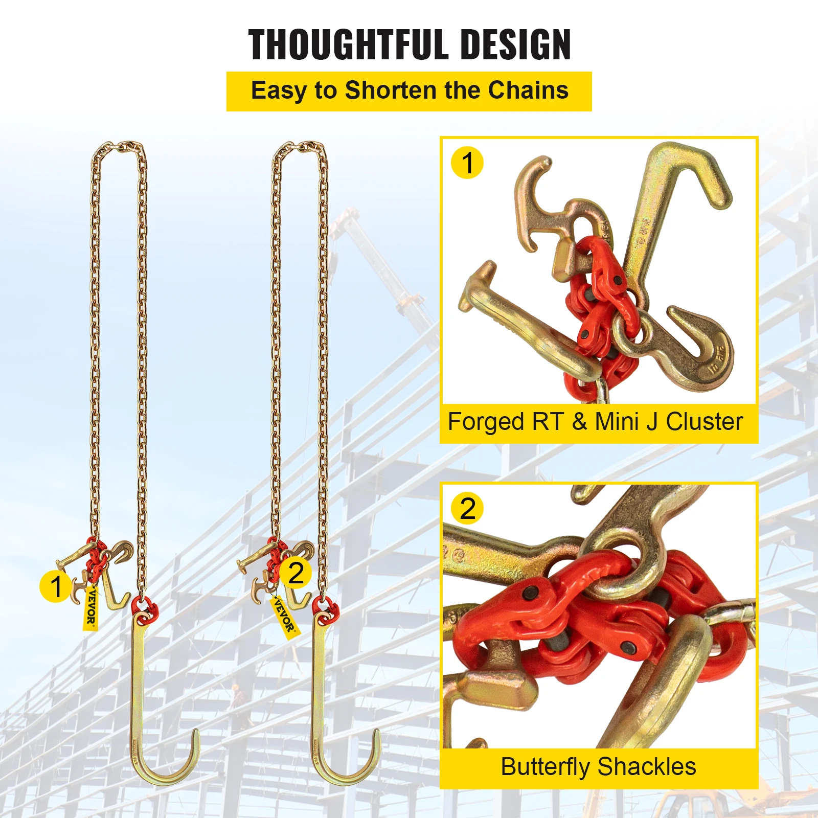 VEVOR J Hook Chain 5/16 in Bridle Adjustable Tow Chains w/ G80 Alloy Steel J-Hooks & T-Hooks 9260lb Break Strength for Trucks