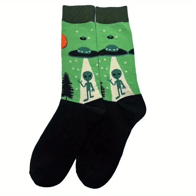Men's Colorful Cat Alien Print Harajuku Sock