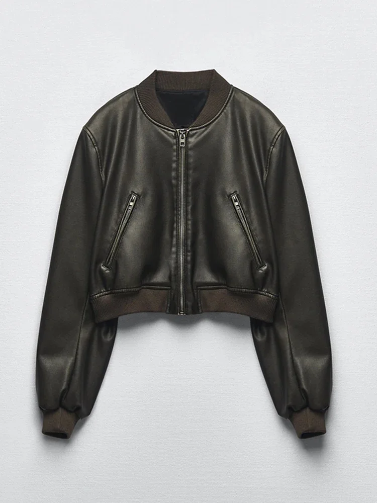 

Vintage Women Loose Pu Faux Leather Sheepskin Jacket with Belt Streetwear Female Moto Biker Zipper Lapel Coat Outwear