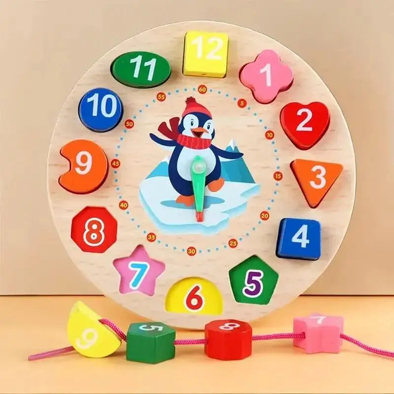 Montessori Wooden Number Puzzle Shape Color Sorting Clock Toys for Kids ...