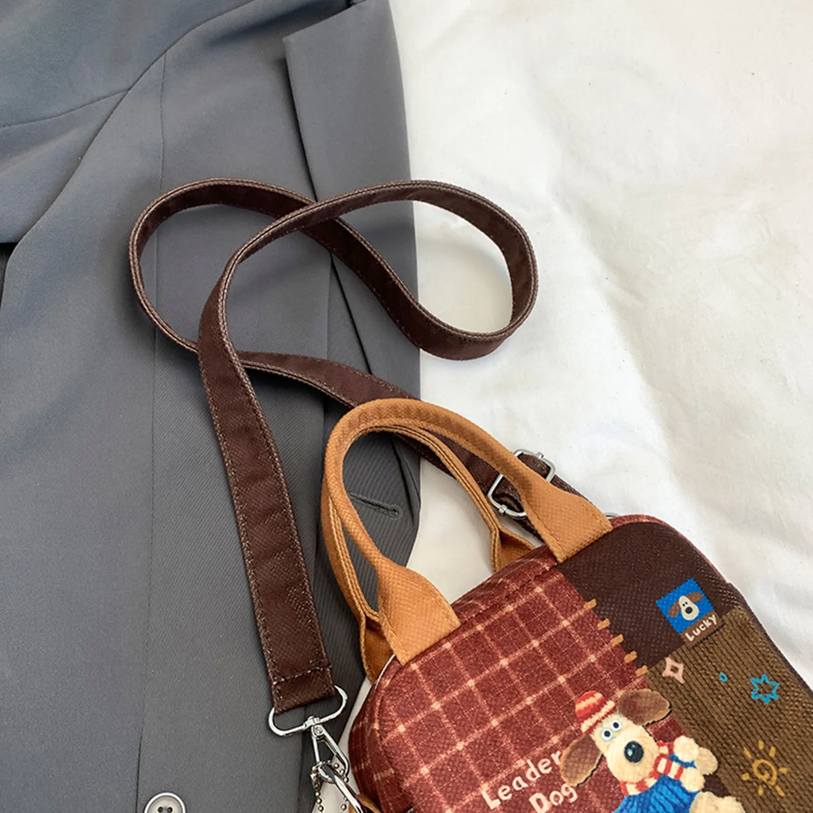 Women Cartoon Plaid Crossbody Bag W/Pendant Shoulder Bag Small Tote Bag for Travel Shopping Daily Use