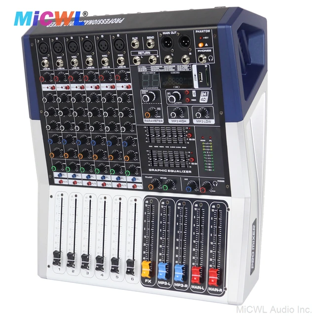 MiCWL Audio 6 Channel 1200W Power Mixer 2 Output Amplifier Sound Mixing Console For Stage Studio Sing Speech Performance Karaoke 2
