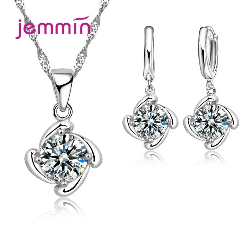 925 Sterling Silver Trendy Crystal Pendant Necklace Earrings Jewelry Set For Women Girls Wedding Engagement Fashion Jewelry jewelry set