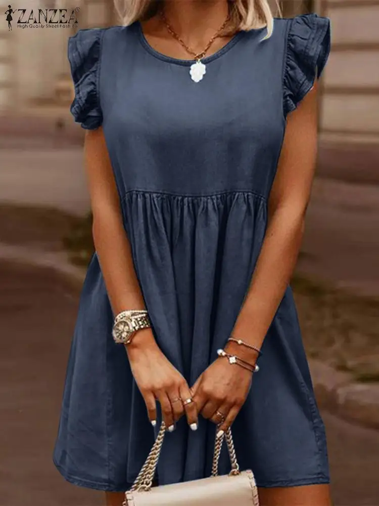 

Элегантное однотонное летнее модное джинсовое платье ZANZEA, женские повседневные платья без рукавов, женский сарафан, пляжные платья с оборками