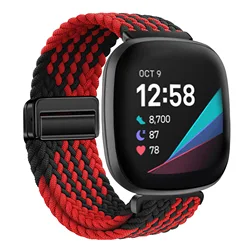 Nylon Braided Loop Strap with Adjustable Magnetic Clasp - Premium Wristband Accessories - Fitbit Versa 3 (Black red)