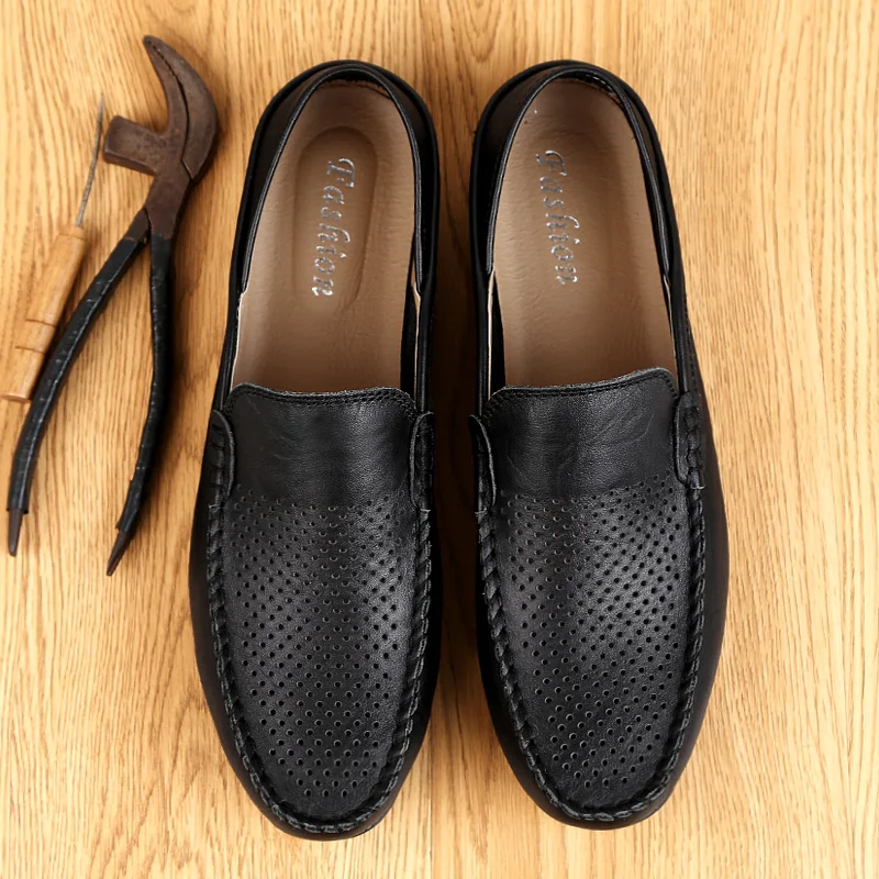 Zapatos informales de lujo para hombre, calzado de cuero suave con plataforma baja, ligero, transpirable, antideslizante, color negro, para conducir, para verano