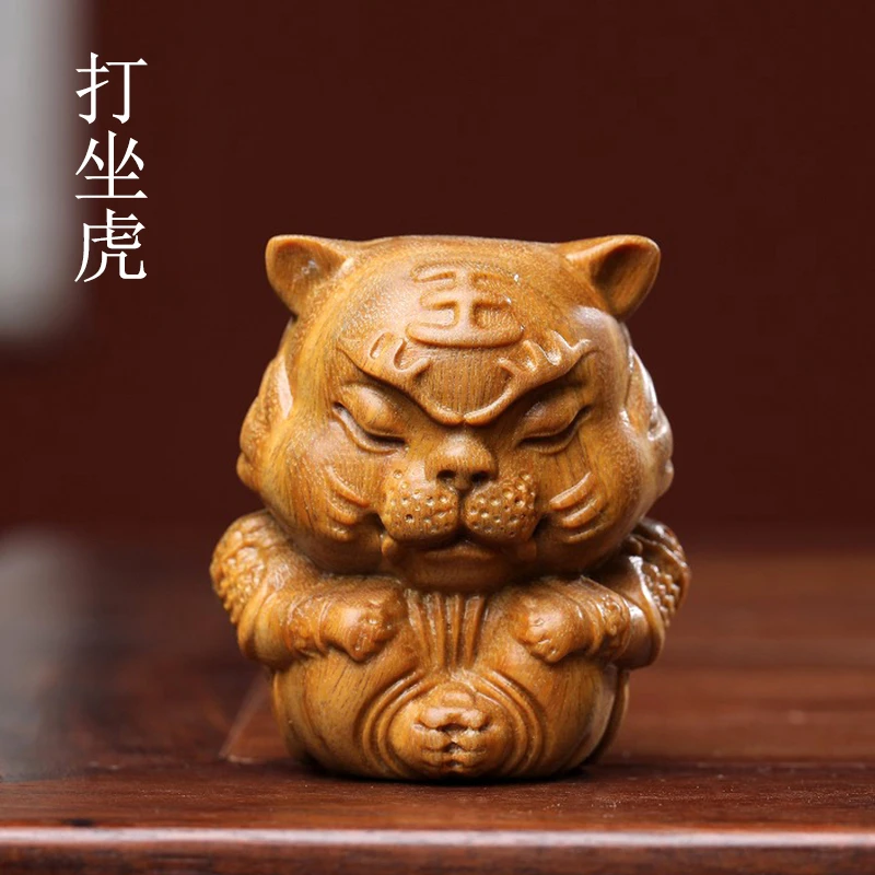 

Natural green sandalwood [Meditation tiger] Wood carving Zodiac tiger creative play hand put a home decoration to stop anger