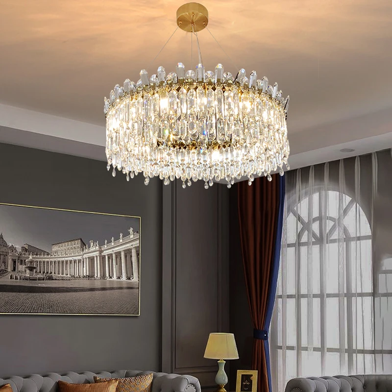 

Living Room Bedroom Luminaire Lustre Suspension Pendant Light Gold Hanging Lamp Luxury Round K9 Crystal Chandelier Light