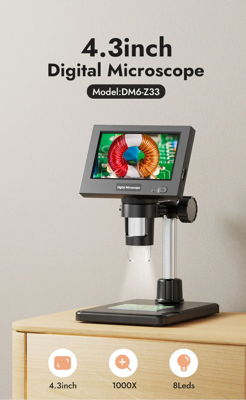 4.3"IPS Digital Microscope with 8 LEDs1000X Magnification Coin Microscope USB El