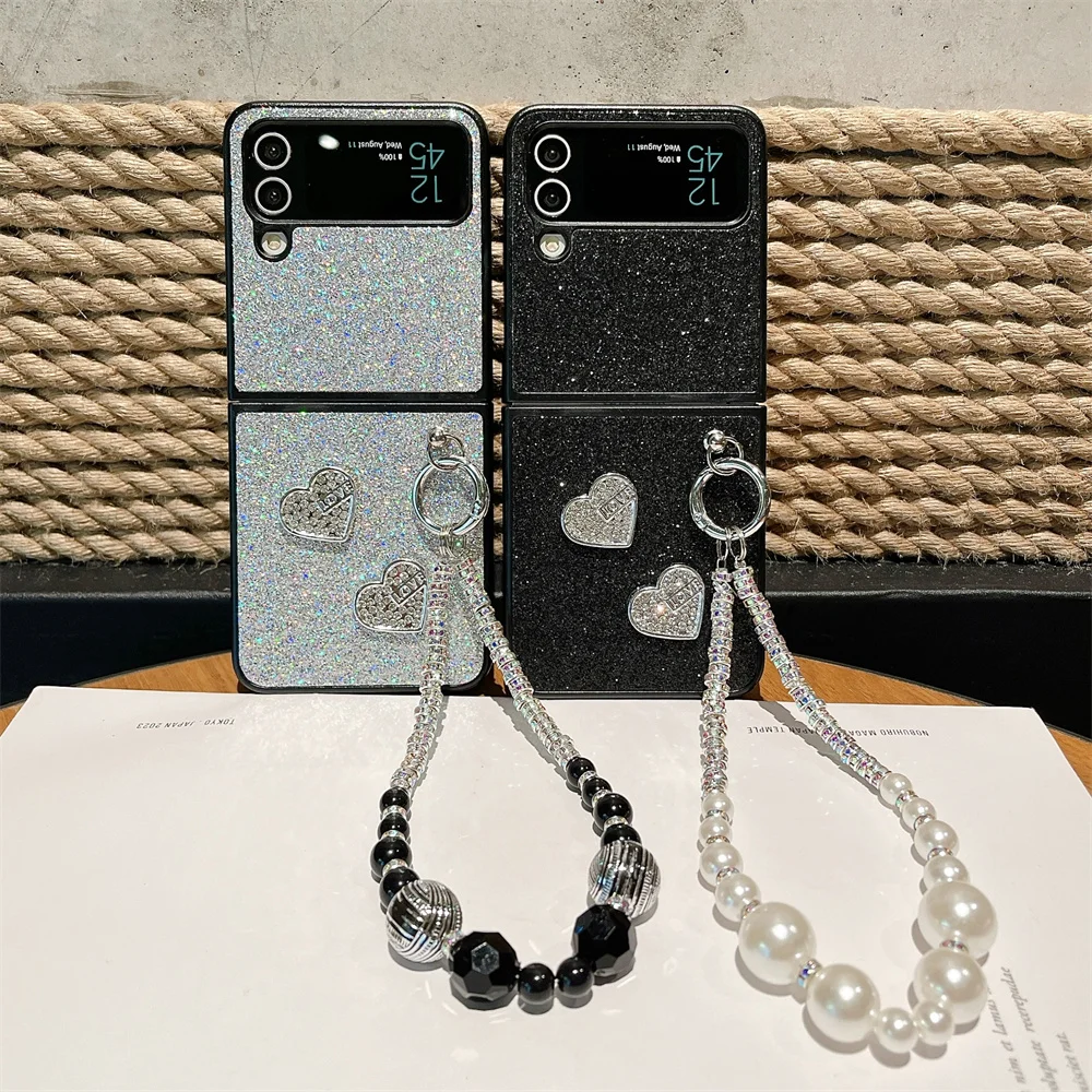 Shiny Colorful Phone Case For Samsung Galaxy Z Flip 3 4 5 5G Solid Color Love Bracelet Protective Cover Flip5 Flip4 Shell
