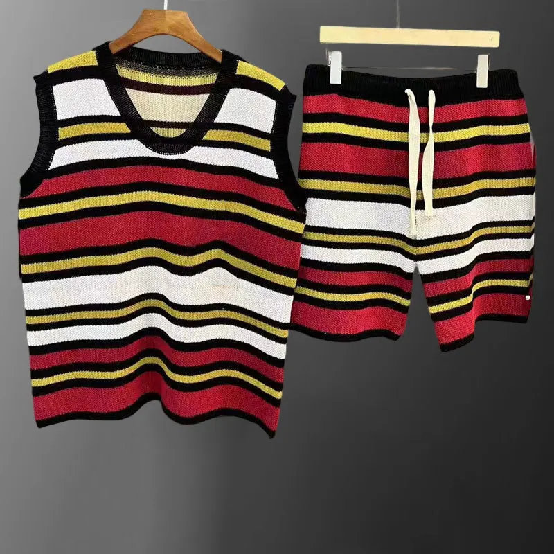 2023 Men Breathable Comfortable 2 Piece Set High Quality Contrast Stripe Knit Sleeveless Tank Top +Short Homme Camisetas Hombre 2