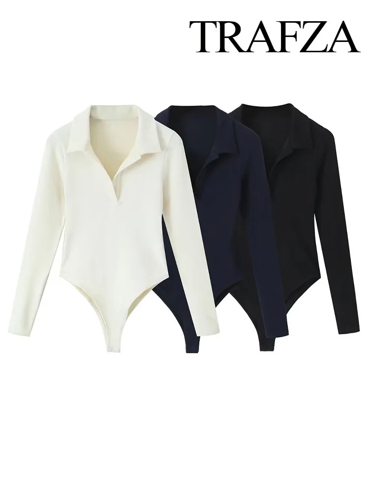 

TRAFZA Autumn New Fashion Woman V-Neck Long Sleeves Jumpsuit Bodysuit Fitness Regular Jumpsuit Female Casual Streetwear Jumpsuit