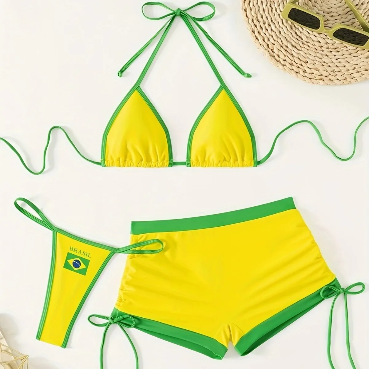 2025 New Brazil Flag Bikini Three-piece Set Sexy Color Block High