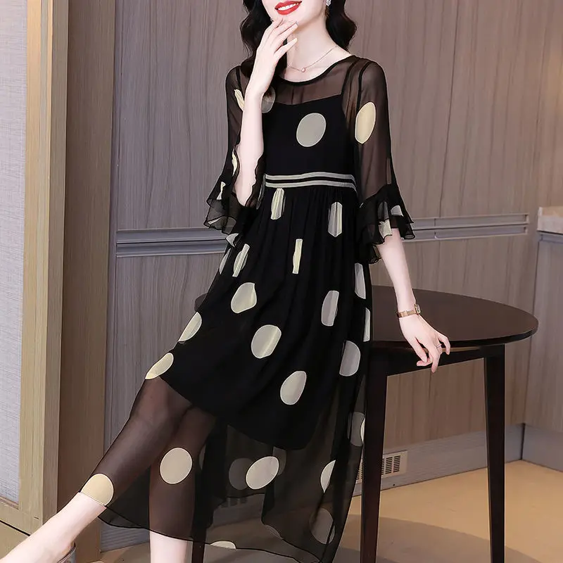 우아한 O-넥 프린트 접이식 붕대 폴카 도트 파티 원피스 여성 의류, 느슨한 나비 소매 미디 드레스, 2024 여름 신상 