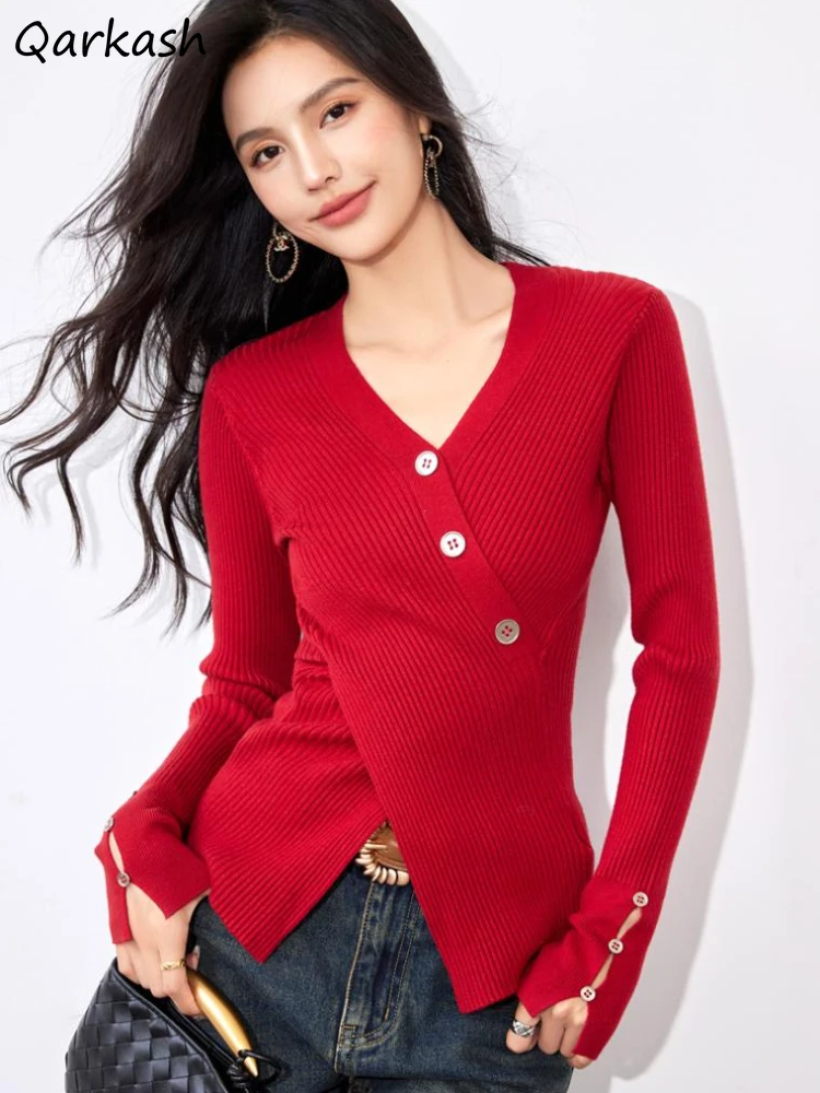 

Chic Irregular Criss-cross Knitted Pullovers Women Fashion All-match Basic Tops Ladies Slim Button Knitwear Soft Comfortable BF