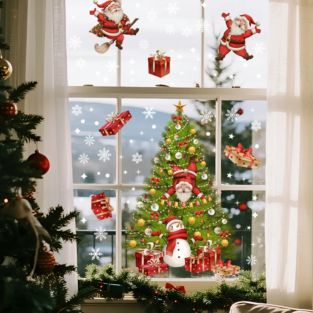 Santa Claus Christmas Tree Snowman Gift Snowflake Window Sticker 30x60cm Double-Sided Static Cling Glass Decal for Home Decor
