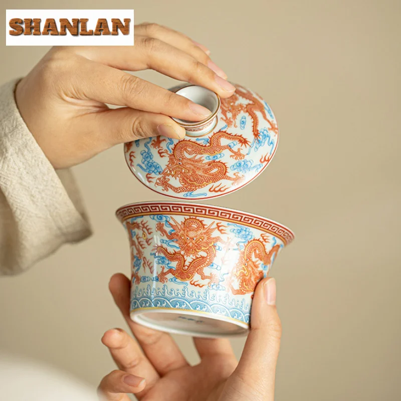 Handmade Jingdezhen Horseshoe Cover Bowl Alum Red Blue And White Teacup Chinese Dragon Tea Tureen Brewing Gaiwan Kung Fu Teaware