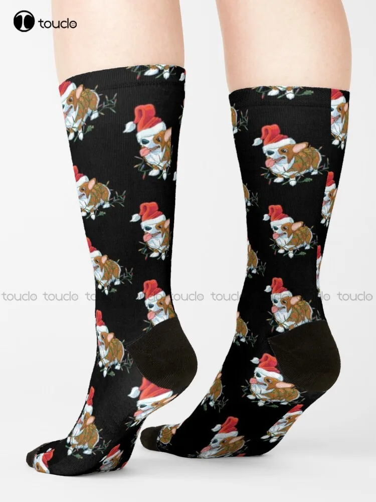 

Corgi Santa Christmas Lights Gifts Socks Red Baseball Socks Personalized Custom 360° Digital Print Gift Harajuku Colorful Retro
