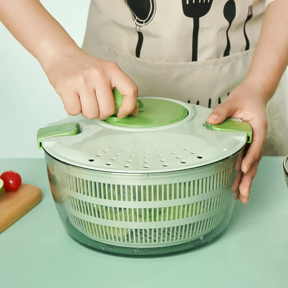 Green Cover Salad Dryer Bowl With 4L Spinners Large Capacity Multipurpose Fruit Veggie Drain Basket For Washing Drying Leafy