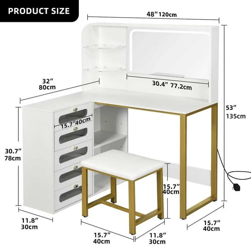 Makeup Vanity with Lighted Mirror, Modern Vanity Table Set with Stool, L Shaped Dressing Table with 5 Drawer, Makeup Vanities 5