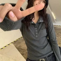 Y2K High Street Women Sweaters 2025 New Gray White Button Up Bottoming Pullover Woman Slim Fit Long Sleeve Knitted T-Shirt - Image 2