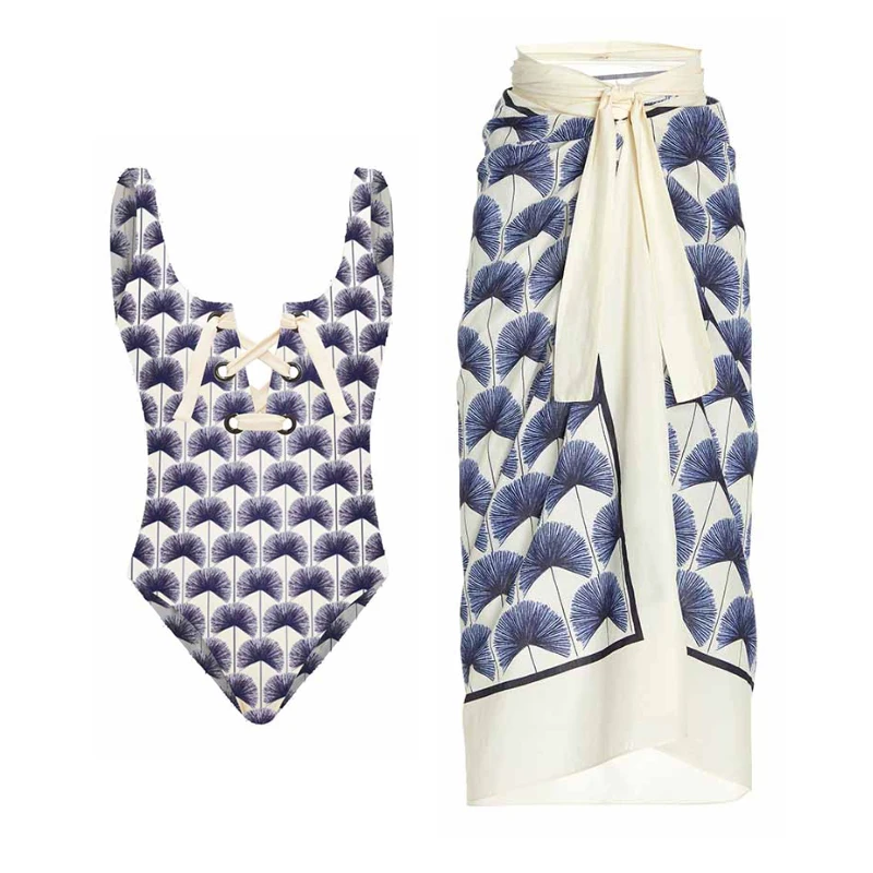 

One-piece Swimwear Geometric Printing Swimsuit Criss Cross Strappy Decor Sexy Women Beachwear with Lace-up Dress Bathing Suit