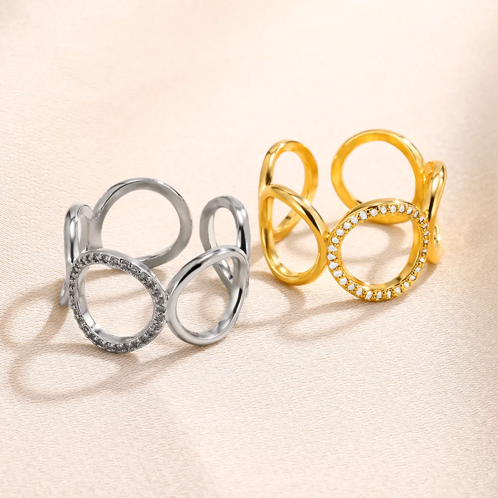 2023 Rings for Women Geometric Round Zircon Open Charm Ring Punk Couple Vintage Gold Color Stainless Steel Wedding Jewelry Gift