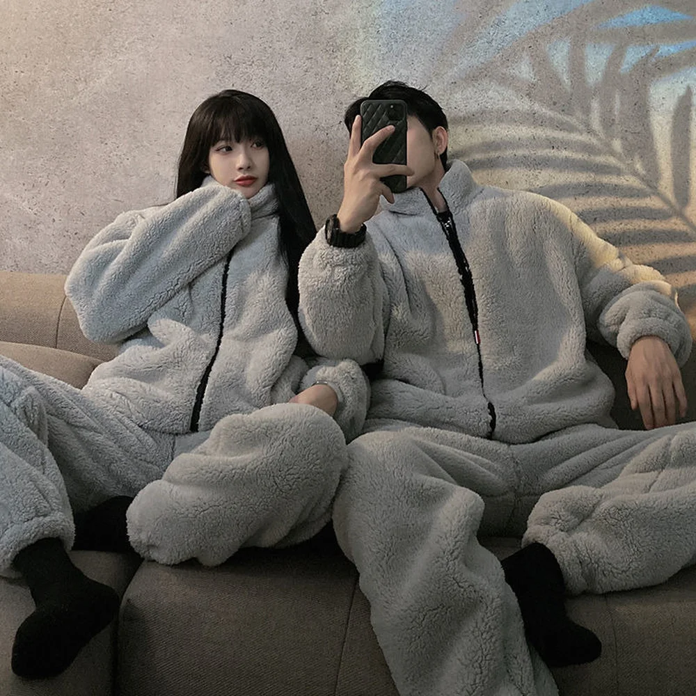 겨울 여성 코랄 플리스 홈웨어 수트 커플 긴 잠옷, 두꺼운 벨벳, 따뜻하고 부드럽고 편안한 잠옷 세트