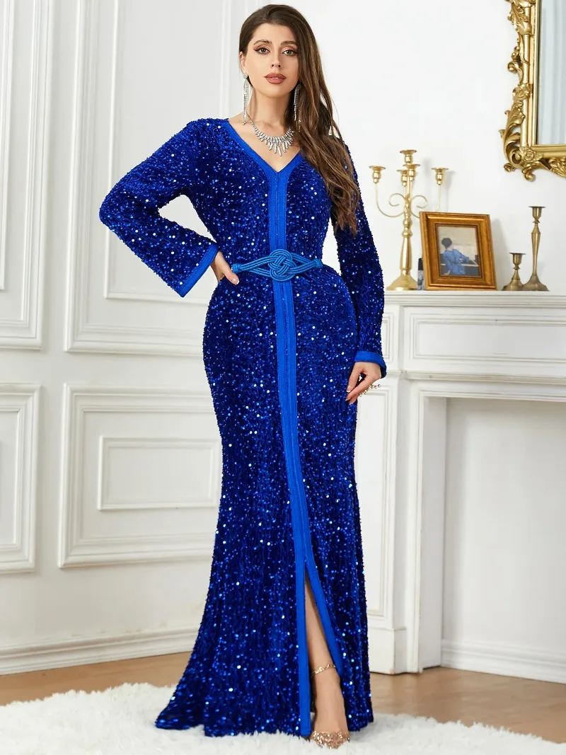 

Dubai Luxury Sequins Evening Party Belted Gown Jalabiyat Moroccan Women Kaftan Autumn Winter Velvet Muslim Ramadan Robe