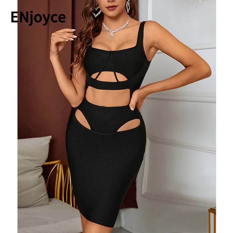 

Luxury Brand Black Slim Tight Hollowed-out Bandage Women's Dress Prom Party Sleeveless High Elastic Mini Dresses