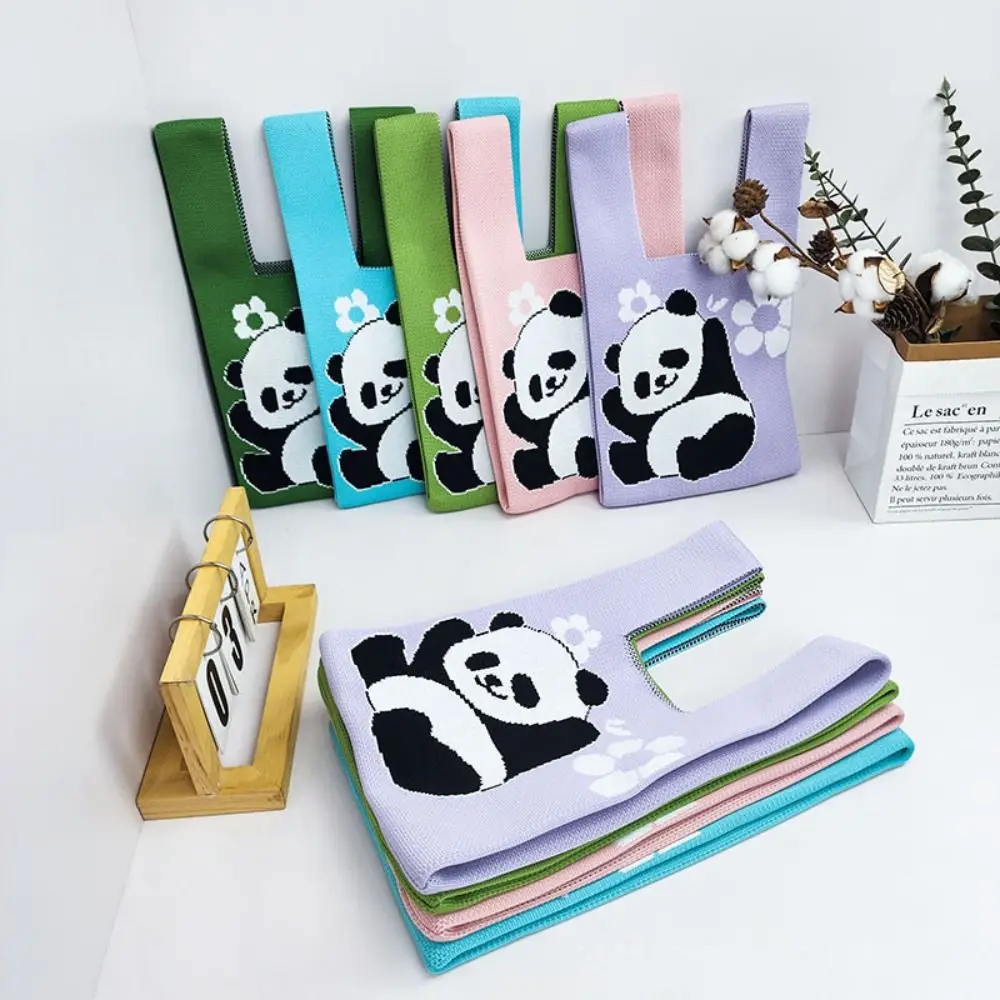 Polyester Schattige Panda Gebreide Tas Nieuwe Mini Herbruikbare Handgemaakte Gebreide Handtas Panda Bloem Vrouwen Knoop Pols Tas Vrouwen