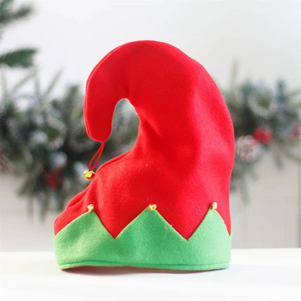 Men Women Elf Cap Plush Made with Metal Bell Decoration Contrast Color Curled Peak Christmas Santa Hat Festival Accessories