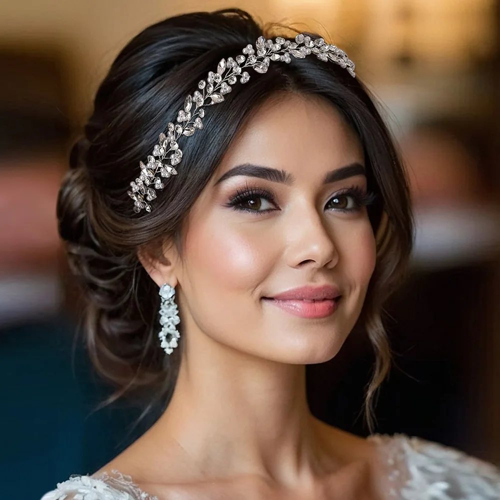 SLBRIDAL 핸드메이드 트렌디 크리스탈 라인스톤 진주 브라이덜 헤어밴드 웨딩 헤어 악세사리 여성 들러리 헤드드레스 쥬얼리