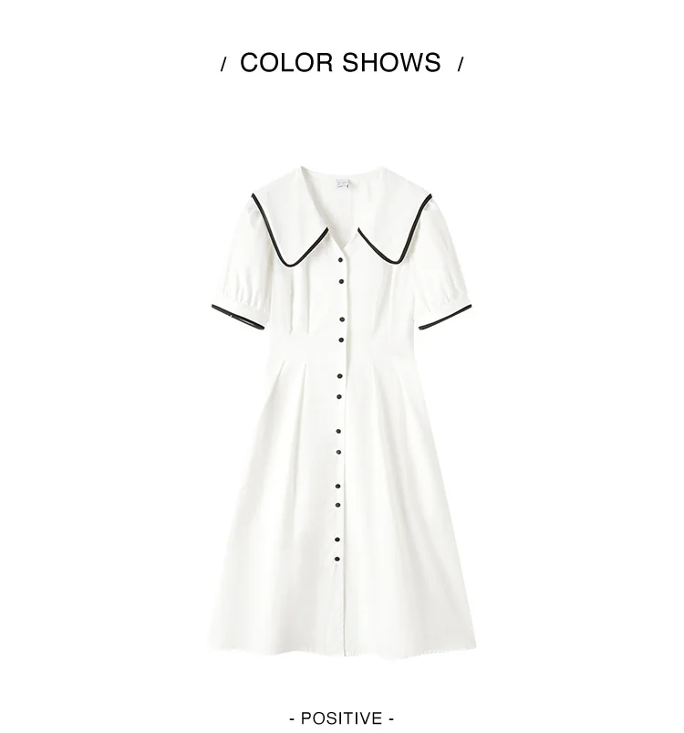 Vestido de mujer de algodón puro con mangas abullonadas, nuevo vestido de verano con bloques de color, solapa grande y largo medio, estilo universitario.