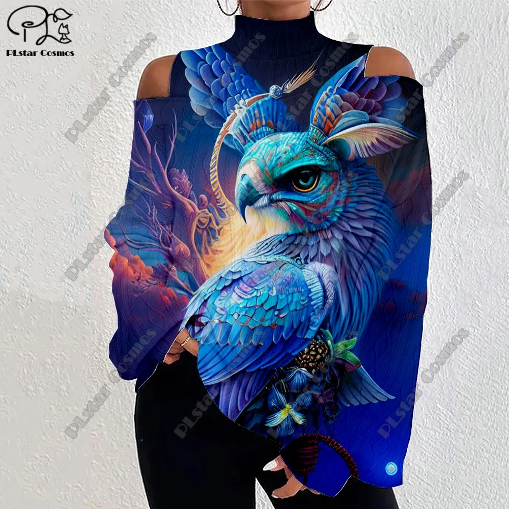 

3D printing animal series dragon and phoenix pattern women's lantern sleeves off-shoulder texture casual long sleeves F-1