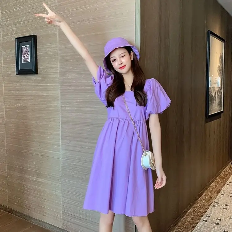 New-Korean-Style-Loose-Purple-Square-Collar-Puff-Sleeve-Dress-Woman ...