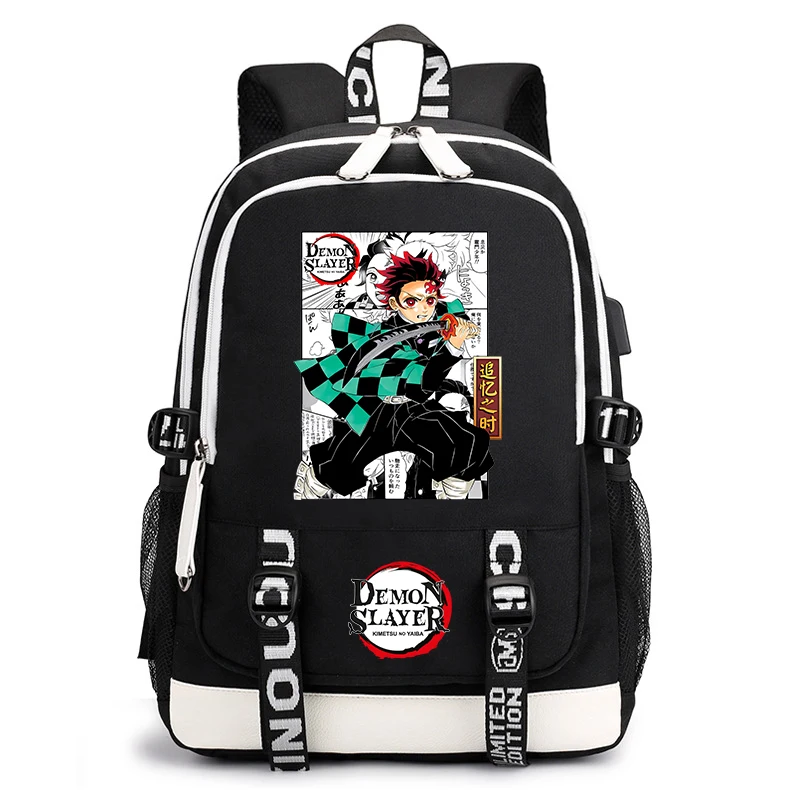 Demon Slayer Anime Print Student Backpack USB Charging Port Lightweight School Bag for Boys Girls 1