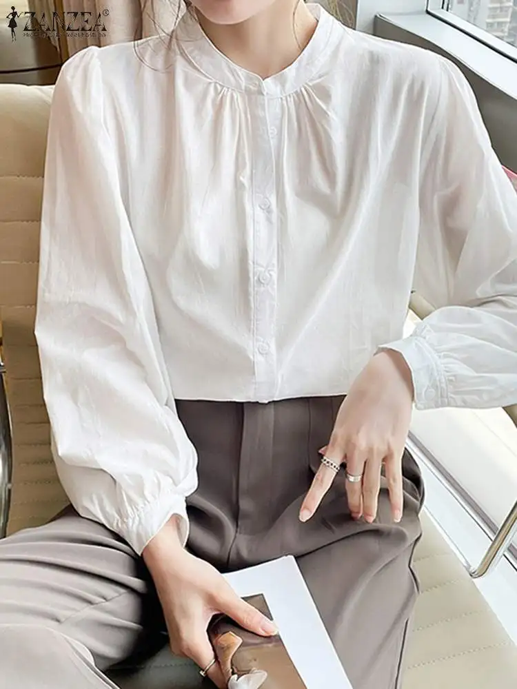 

ZANZEA Elegant Women Shirt Autumn O Neck Long Sleeve Blouse Casual Work Tops Femme Solid Color Blouses Party Tunic Button Blusas