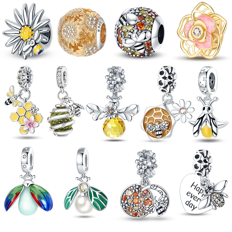 

925 Sterling Silver Delicate Bee Series Charm Beads Silver Bumblebee Pendant fit Original Pandora Bracelet Bangle DIY Gift
