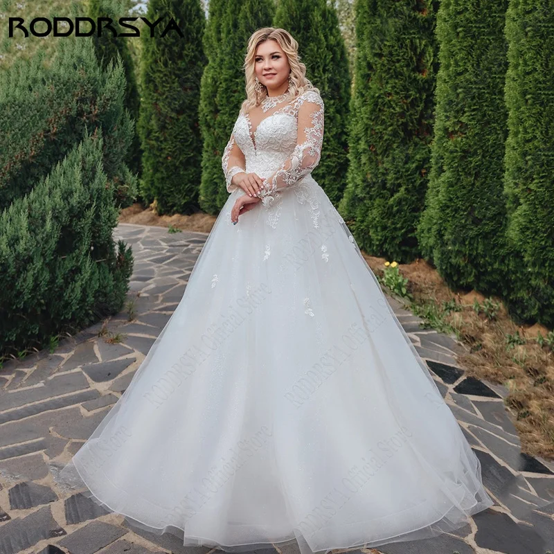 

RODDRSYA Modern O-Neck Lace Wedding Dresses Long Sleeves Lace Appliques Bride Gowns Plus Size Tulle A-Line vestido noiva boho