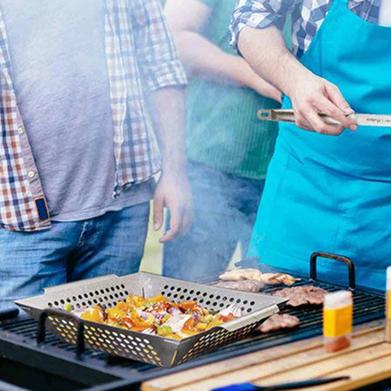 BBQ Grilling Basket Vegetables Meat Baking Dish Pan Stainless Steel Non-stick Barbecue Tool Kitchen Gadget Barbecue Acceessories