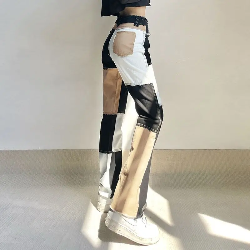 Jeans Striped Patchwork Rough Selvedge Street Oumeigao Steet Casual Hip Hop High Waist Loose Straight Jeans Women Fashion Jeans